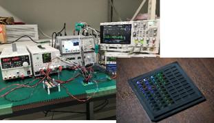 測定時の風景(左)　試作したチップが入ったケース(右下)
チップを電子基板に実装して測定評価