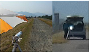 遠距離での可視光通信の実験風景:現在共同研究している企業では、40km 届いたという世界記録をもつ。衛星通信にも挑戦中