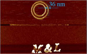 研究室のナノリソグラフィー加工の例。この画像は原子間力顕微鏡のイメージです。1 nm=10億分の1メートル