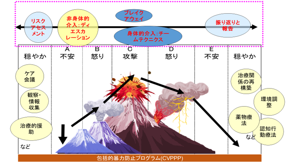 怒りが強くなって爆発するところから落ち着くまでのサイクルとその間の介入を示したモデル.JPG