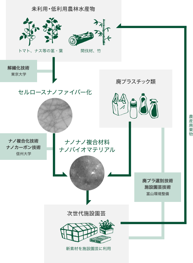 未利用・低利用農林水産物 トマト、ナス等の茎・葉 間伐材、竹 解繊化技術 東京大学 セルロースナノファイバー化 廃プラスチック分類技術 ナノ複合化技術ナノカーボン技術 信州大学 ナノナノ複合材料ナノバイオマテリアル 農産廃棄物 富山環境整備 次世代施設園芸 新素材を施設園芸に利用 