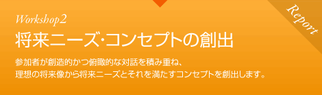 Workshop2　参加者が創造的かつ俯瞰的な対話を積み重ね、理想の将来像から将来ニーズとそれを満たすコンセプトを創出します。