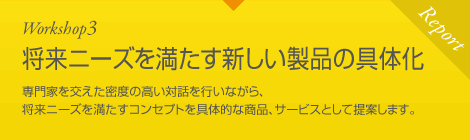 Workshop3　将来ニーズを満たす新しい製品の具体化　専門家を交えた密度の高い対話を行いながら、将来ニーズを満たすコンセプトを具体的な商品、サービスとして提案します。