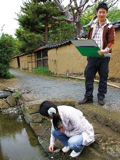 湧水の調査を行う研究室の学生達