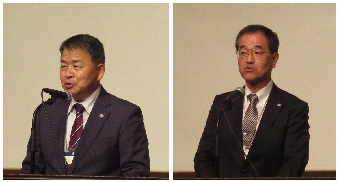 金沢大学・山崎光悦学長(左)、信州大学・濱田州博学長(右)による開会あいさつ