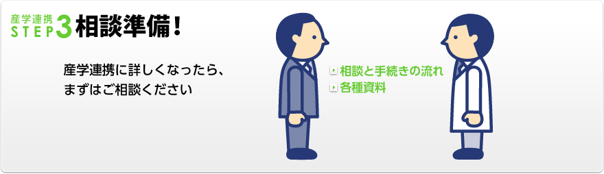 産学連携STEP3　相談してみよう！　産学連携に詳しくなったら、まずはご相談ください