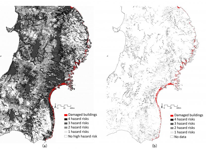 1_Map overlay of damaged buildings in 2011 with (a) the 1980 JNLA risk map, and (b) the 2019 MLIT risk map.jpg