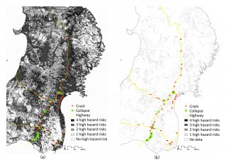 3_ Map overlay of damaged highway sites in 2011 with (a) the 1980 JNLA risk map, and (b) the 2019 MLIT risk map.jpg