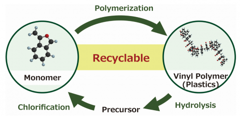 Chemical recycling of cyclic α-substituted styrene-based vinyl polymers - Researchers from Shinshu University developed a two-step recycling process for depolymerizing the cyclic styrene-based vinyl polymers and recovering the monomers via single-step chemical modification of monomer precursor