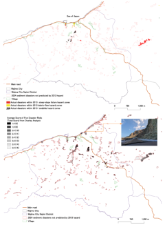 実際の被害エリア（赤点線）と、1)単一ハザードマップ（赤色：急傾斜地崩壊危険区域、黄色：土石流危険区域、黒ドット：地すべり警戒区域）（上）および 2)複合災害リスクのオーバーレイマップ（グレーの濃度が濃いほど土砂災害だけでなく、地震リスク、液状化リスク、洪水リスク等の複数の災害リスクが相対的に高い）（下）との重なりの比較<sub>＊5</sub>