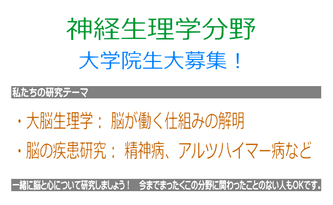 神経生理学分野　大学院生大募集！　【私たちの研究テーマ】・大脳生理学：脳が働く仕組みの解明　・脳の疾患研究：精神病、アルツハイマー病など　＜一緒に脳と心について研究しましょう！　今までまったくこの分野に関わったことのない人もＯＫです＞