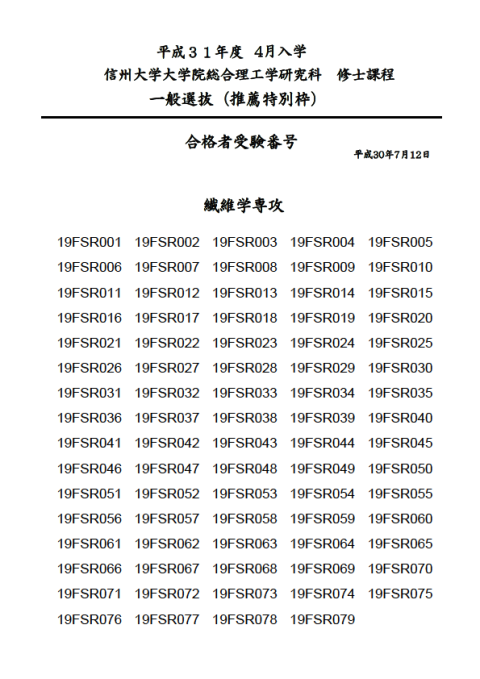 平成31年度4月入学  大学院総合理工学研究科 (修士課程) 繊維学専攻 一般選抜 (推薦特別枠) 合格発表