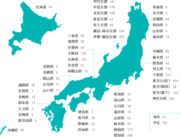 都道府県別松医会会員数の分布図