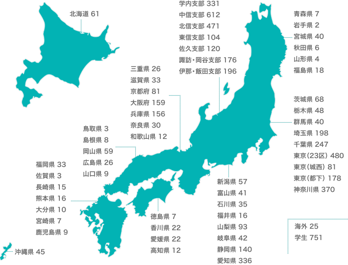 都道府県別松医会会員数の分布図