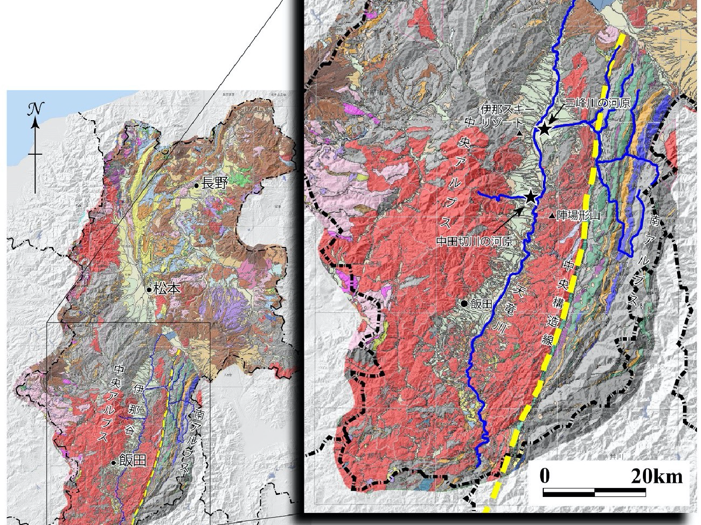中⽥切川と三峰川の上流の地質図（⻑野県デジタル地質図2015を使⽤して作成）