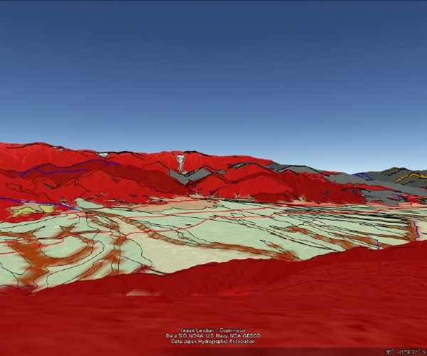 ⽴体地質図の例：Google Earthを使⽤して陣⾺形⼭から望む景⾊に⻑野県デジタル地質図2015を重ね合わせた